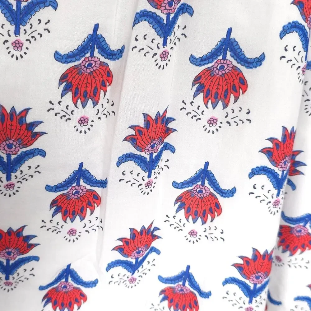 J.CREW‎ Midi Dress Size 14 White Floral Ruffle Sleeve Smocked Cotton Red Blue
